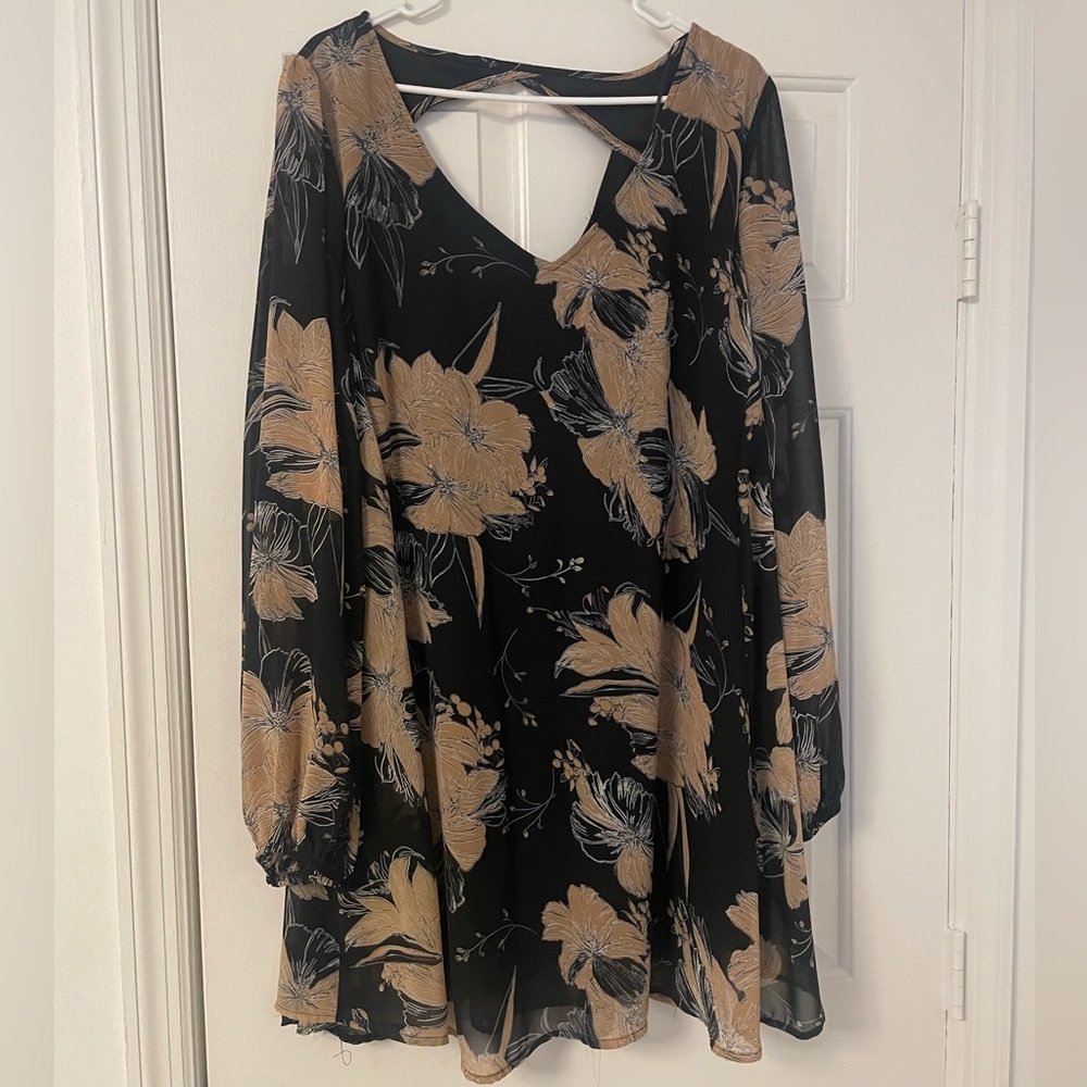 Tan and Black Floral Dress with Sheer Sleeves